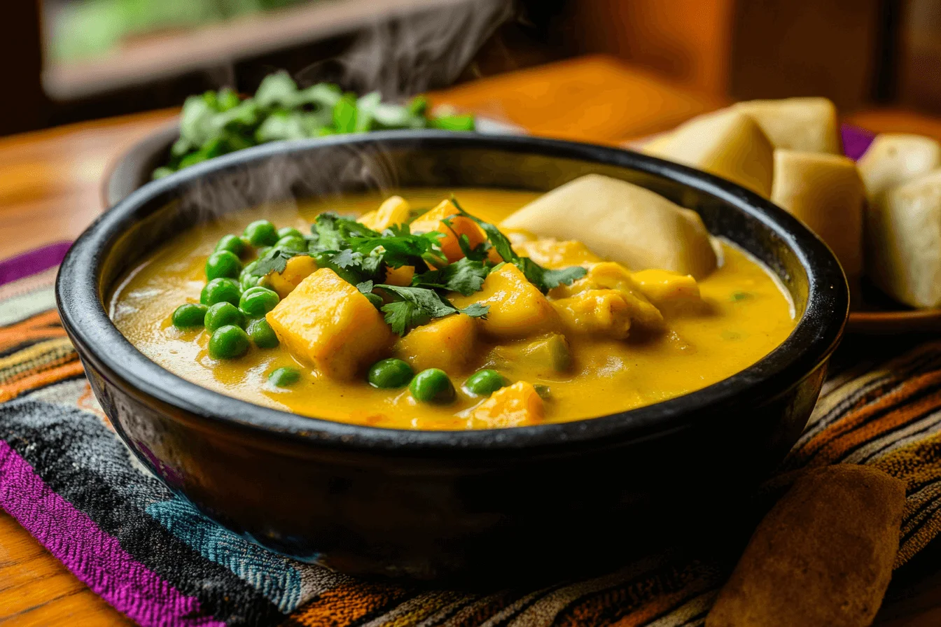 A steaming bowl of traditional Peruvian Amarillo Chicken, featuring vibrant yellow sauce, tender chicken pieces, green peas, and yuca, garnished with fresh cilantro, served in a black bowl on a colorful woven cloth.