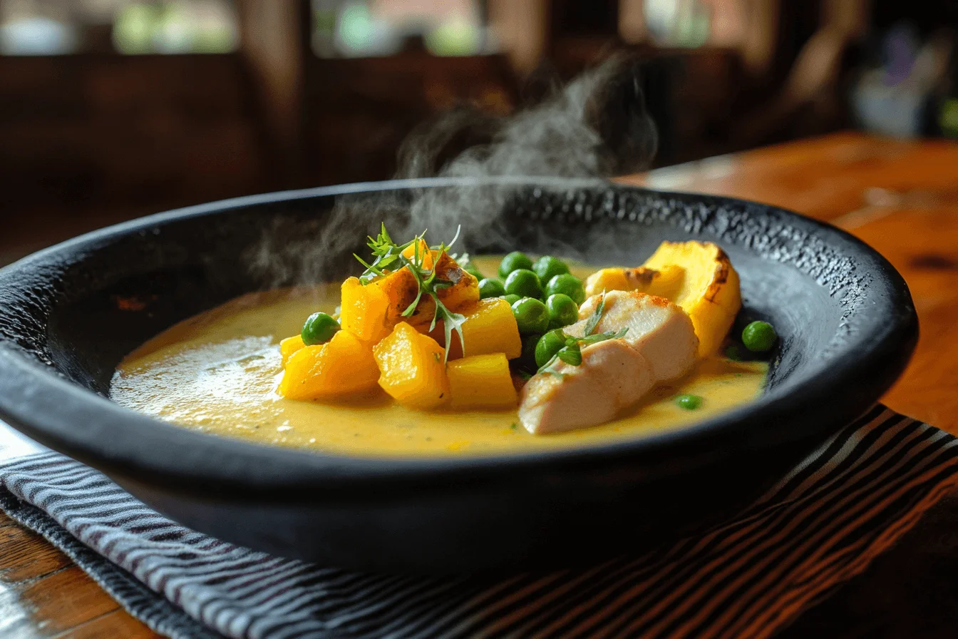 Close-up of a bowl of Amarillo Chicken served in a vibrant yellow ají amarillo sauce with tender chicken slices, diced yellow squash, green peas, and fresh herbs, steaming and beautifully plated on a striped napkin.