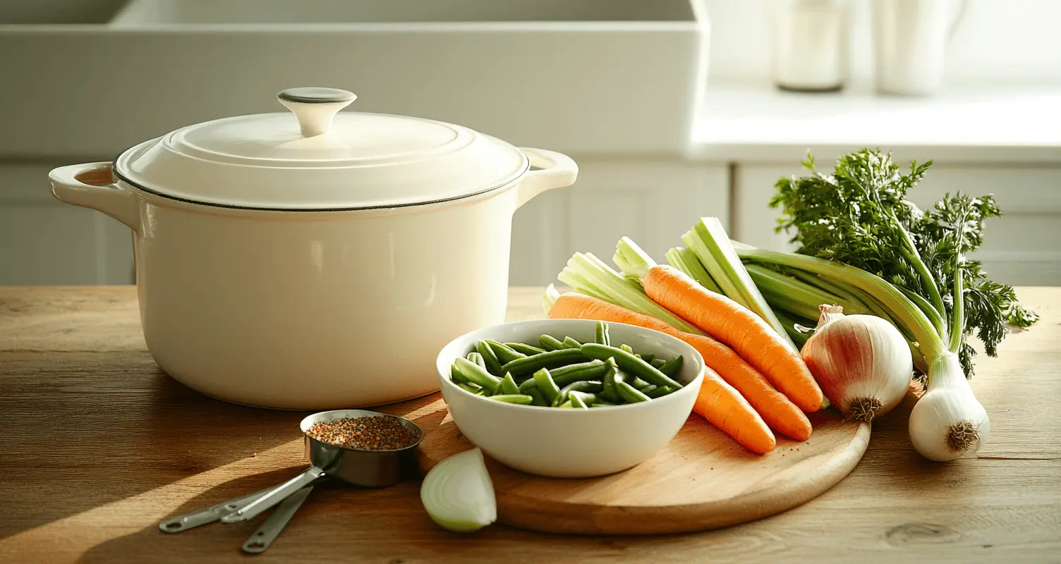  A collection of fresh vegetables and seasonings arranged on a wooden countertop, including green beans in a white bowl, carrots, celery, onions, garlic, and a bunch of parsley, alongside a cream-colored casserole pot with a lid and a measuring cup filled with spices.