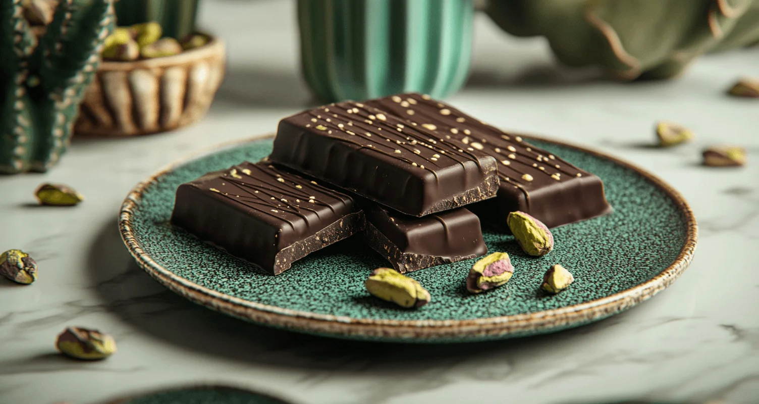 "Luxurious dark chocolate bars with gold drizzles on a textured turquoise plate, accompanied by pistachios on a marble surface."