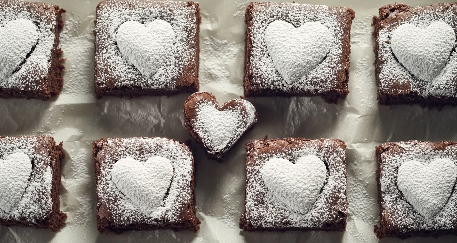 Brownies with heart-shaped powdered sugar designs on top, arranged on parchment paper.