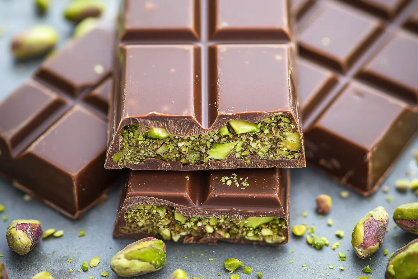 This image appears to showcase chocolate bars with a pistachio or nut filling inside. The cross-section reveals a vibrant green filling, possibly flavored or textured with nuts or seeds, alongside the smooth chocolate. Let me know if you'd like a recipe, description, or analysis related to it!