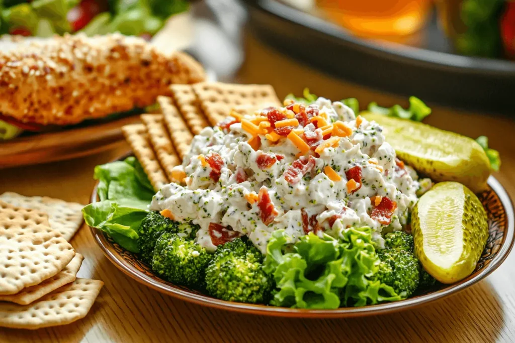 A plate of creamy chicken salad topped with shredded cheddar cheese and crispy bacon, placed on a bed of fresh leafy greens and surrounded by broccoli florets. The dish is accompanied by rectangular crackers and pickle slices, presented on a wooden table with a sandwich and greens in the blurred background.