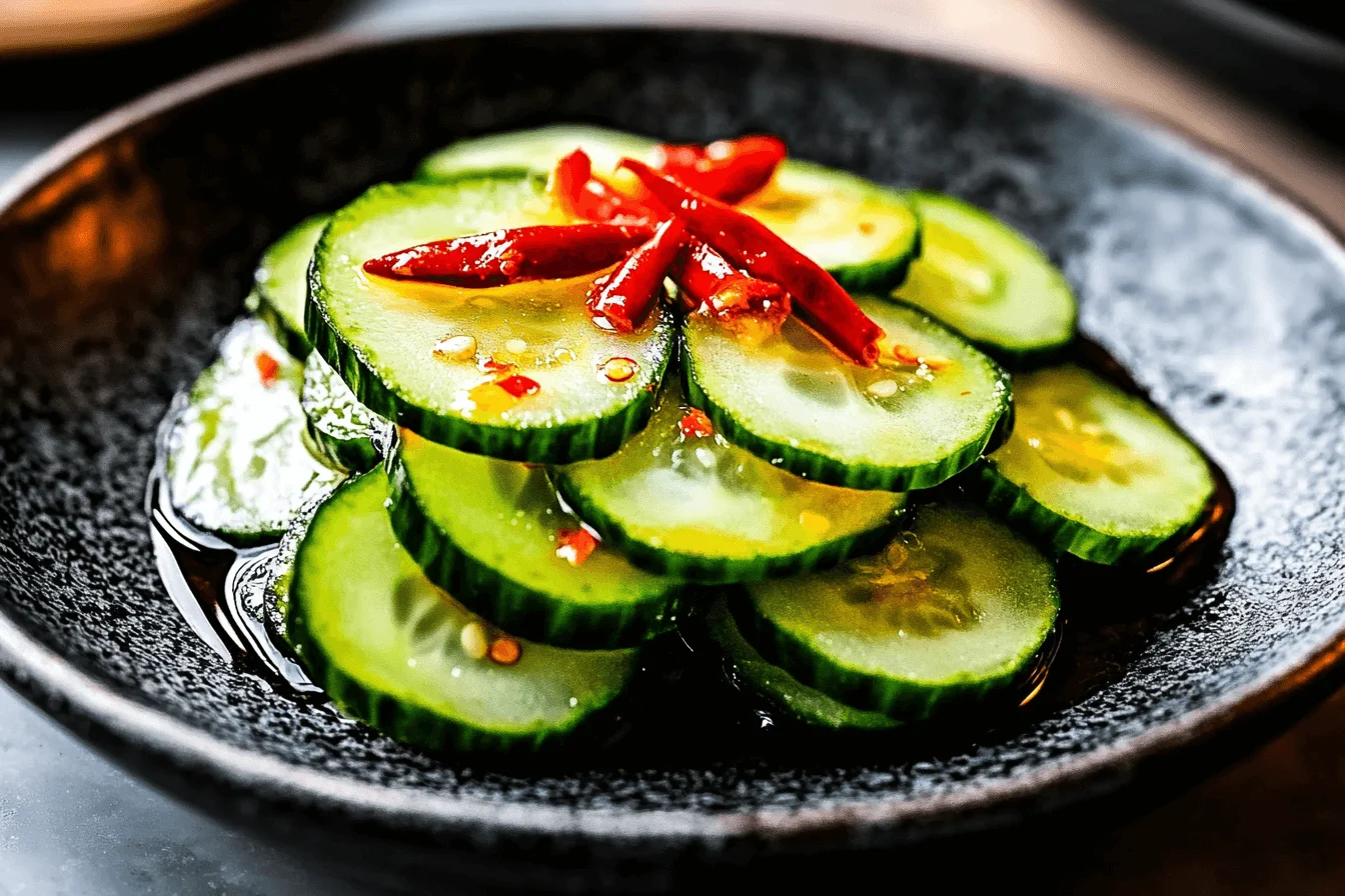 Close-up of a Din Tai Fung-inspired cucumber salad, featuring thinly sliced cucumber rounds arranged on a dark ceramic plate, topped with glossy red chili slices and a light soy-vinegar dressing, highlighting a fresh and appetizing presentation.