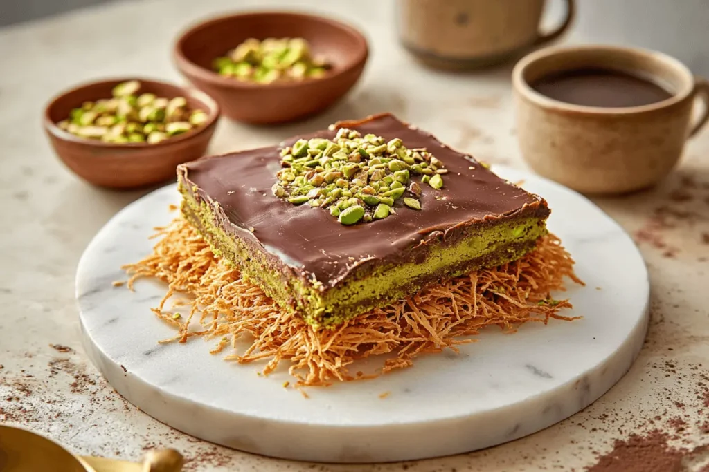 A rich chocolate knafeh dessert layered with a glossy chocolate top and a pistachio filling, set on a white marble plate with crispy golden shredded pastry at the base. Surrounding the dessert are bowls of pistachios and rustic coffee cups, creating a cozy and inviting atmosphere.