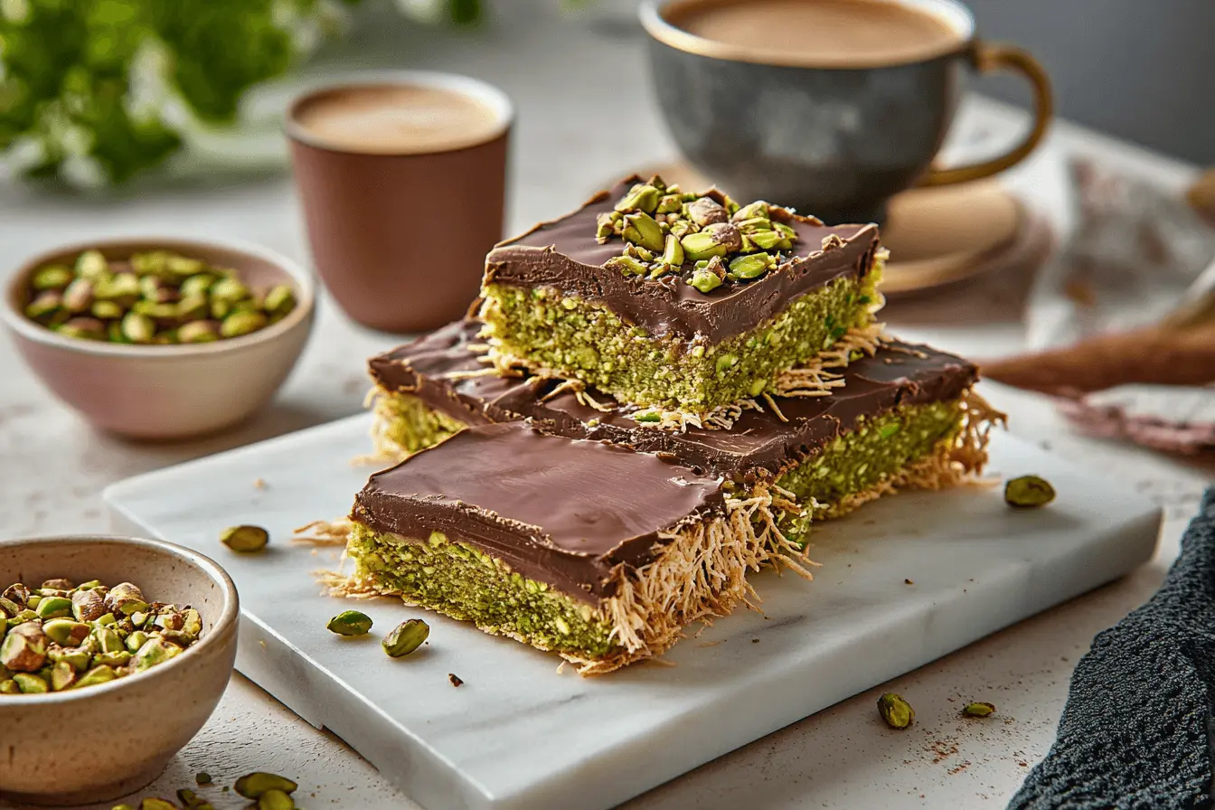 A luxurious knafeh dessert featuring layers of golden crispy shredded phyllo dough, vibrant green pistachio filling, and a glossy chocolate topping, garnished with crushed pistachios. The dessert is elegantly arranged on a marble plate, accompanied by bowls of pistachios and coffee cups, creating a warm, indulgent atmosphere.