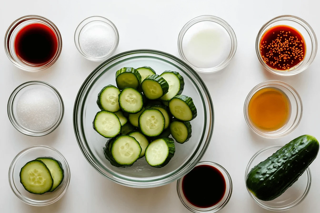 An overhead view of sliced cucumbers in a glass bowl, surrounded by small bowls containing ingredients for Din Tai Fung cucumber salad: soy sauce, rice vinegar, chili oil with sesame seeds, sesame oil, sugar, and salt, all arranged neatly on a bright white background.